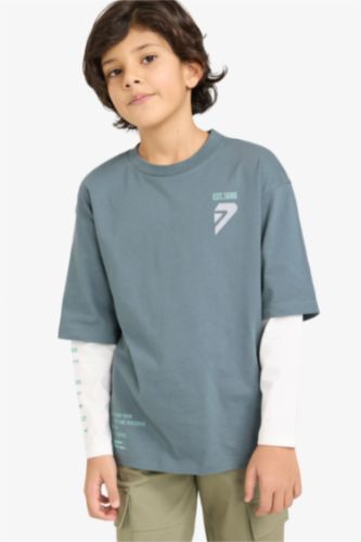 Erkek Çocuk Oversize Geniş Kalıp Bisiklet Yaka Baskılı Uzun Kollu Tişört