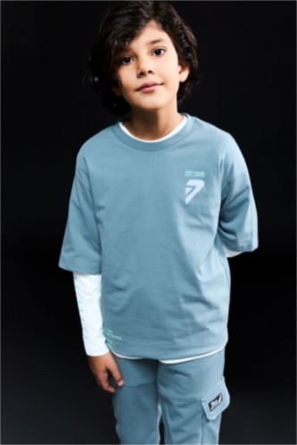 Oversize Geniş Kalıp Bisiklet Yaka Baskılı Uzun Kollu Tişört Erkek Çocuk