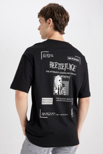 %100 Pamuk Beetlejuice (1988) Siyah Boxy Fit Bisiklet Yaka Sırt Baskılı Kısa Kollu Tişört
