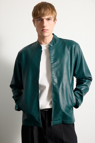 Men Green Zipper Faux Leather Jacket
