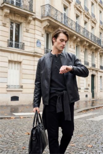 MAN Black Waterproof Slim Fit Stand Collar Faux Leather Jacket