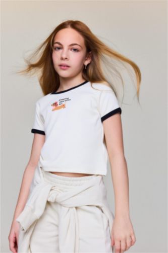 FILLES Écru T-shirt slim côtelé à manches courtes avec imprimé pour fille