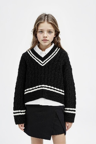 Kız Çocuk V Yaka Saç Örgülü Triko Kazak