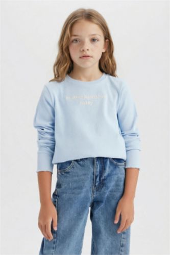 Slim Fit Dar Kesim Bisiklet Yaka Baskılı Fitilli Kaşkorse Uzun Kollu Okul Tişörtü Kız Çocuk