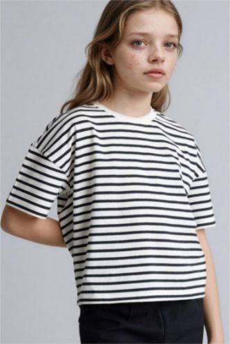 بناتي كحلي تيشيرت مخطط بناتي نص كم قصة مريحة برقبة مستديرة