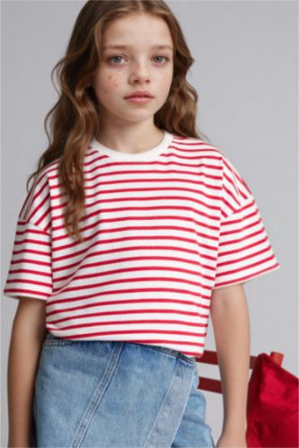 GIRLS & TEENS Red Girl Relax Fit Crew Neck Striped T-Shirt