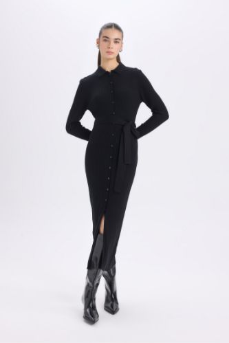 Fitted Vücudu Saran Gömlek Yaka Basic Düz Uzun Kollu Midi Triko Elbise