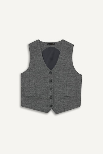 V Neck Checkered Button Closure Blazer Vest