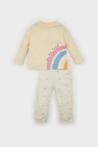 Kız Bebek Pijama Takımı Gökkuşağı Baskılı Uzun Kollu Üst Beli Lastikli Alt