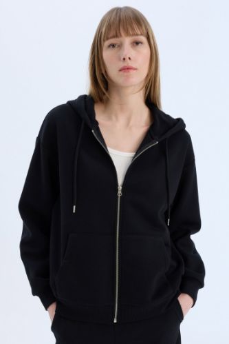 Okula Dönüş Relax Fit Kapüşonlu Kalın Basic Düz Cepli Fermuarlı Sweatshirt