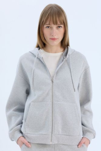 Okula Dönüş Relax Fit Kapüşonlu Kalın Basic Düz Cepli Fermuarlı Sweatshirt