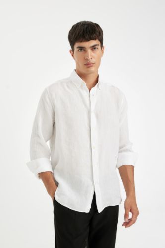 %100 Keten Regular Fit Polo Yaka Yazlık Uzun Kollu Gömlek