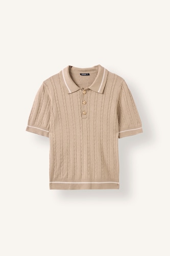 Kadın Bej Fitilli Polo Yaka Basic Kazak