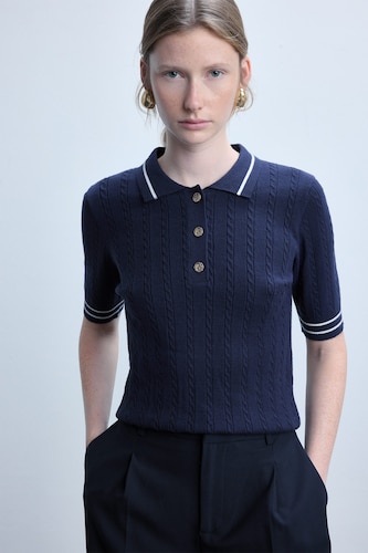 Women NAVY Short Sleeve Ribbed Polo Collar Basic Pullover