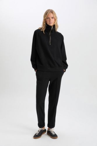 Pantolon Beli Lastikli Basic Düz Bağcıklı Cepli Paça Katlamalı Uzun Boy Siyah