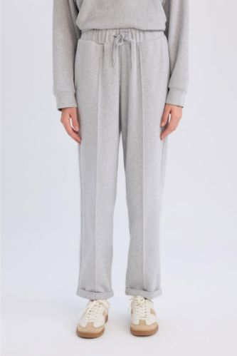 Regular Fit Pantolon Beli Lastikli Basic Düz Bağcıklı Cepli Paça Katlamalı Uzun Boy