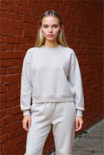 Coool Oversize Geniş Kalıp Bisiklet Yaka Basic Düz Kalın Gri Sweatshirt