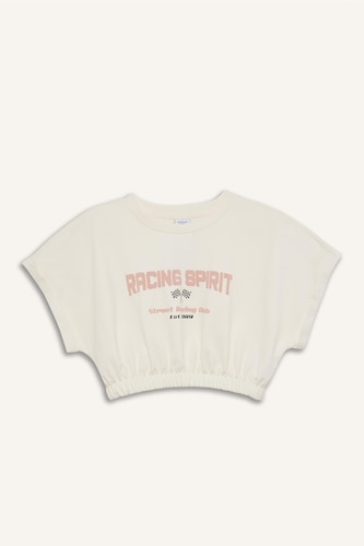 Cropped Fit Bisiklet Yaka Baskılı Sporcu Kısa Kollu Tişört