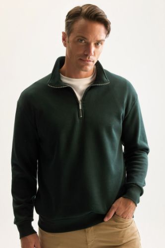3 İplik Pamuklu Şardonlu İçi Polarlı Comfort Regular Fit Rahat Kalıp Dik Yaka Fermuarlı Kalın Sweatshirt