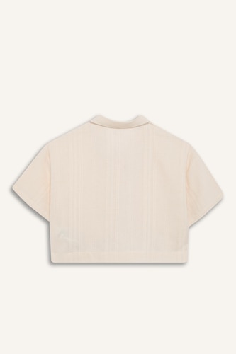 %100 Pamuk Cropped Fit Keten Kısa Kollu Gömlek Kız Çocuk