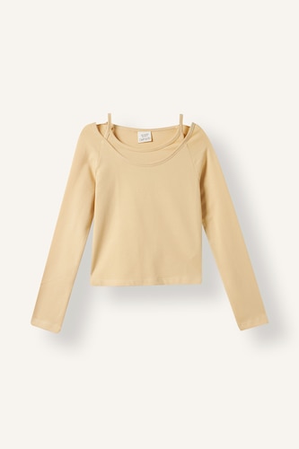 Kız Çocuk - Genç Kız Açık Bej Slim Fit Dar Kesim Kaçık Yaka Baskılı Fitilli Kaşkorse Uzun Kollu Tişört Kız Çocuk