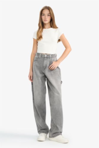 Baggy Fit Yüksek Bel Uzun Jean Yıkamalı Pantolon