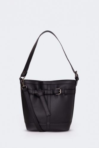 Woman Gold Buckled Faux Leather Shoulder Bag