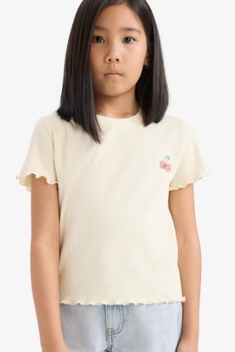Kız Çocuk Slim Fit Dar Kesim Bisiklet Yaka Baskılı Fitilli Kaşkorse Kısa Kollu Tişört