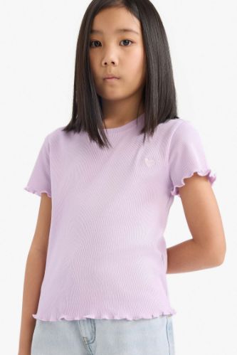 Kız Çocuk Slim Fit Dar Kesim Bisiklet Yaka Baskılı Fitilli Kaşkorse Kısa Kollu Tişört