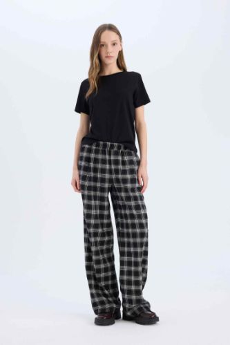 Wide Leg Kumaş Pijama Pantolon Geniş Bol Paça Kareli Normal Bel Lastikli Cepli