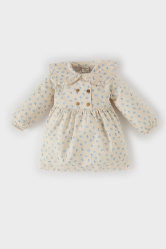 Kız Bebek Çiçekli Uzun Kollu Twill Elbise
