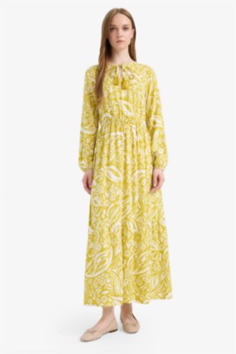 فستان طويل فيسكوز مطبوع بياخة مستديرة