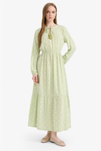 Bisiklet Yaka Desenli Viskon Uzun Kollu Maxi Elbise