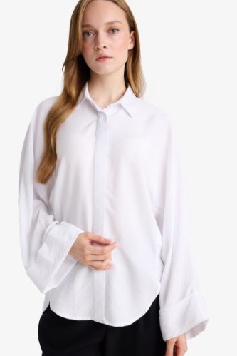 Relax Fit Basic Düz Keten Karışımlı Uzun Kollu Tesettür Gömlek Tunik