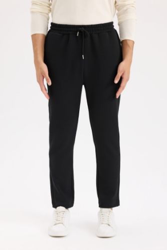 Siyah Eşofman Altı Twill Slim Fit Dar Kesim Beli Bağcıklı Cepli Düz Paça