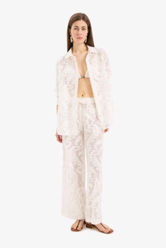 Dantelli Beli Lastikli Beyaz Plaj Pantolonu-Fall in Love