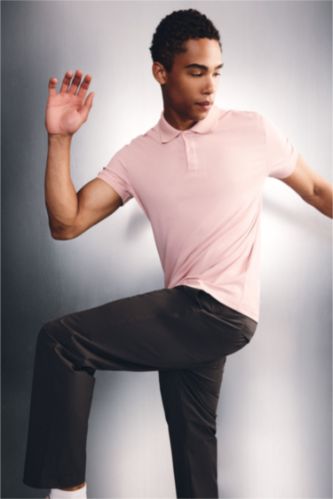 Men Light Pink Slim Fit Pique Short Sleeve Polo T-Shirt