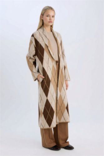 Relax Fit Şal Yaka Baklava Desenli Uzun Triko Hırka