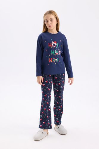 Kız Çocuk Yılbaşı Temalı Pijama Takımı Uzun Kollu Üst Beli Lastikli Uzun Alt