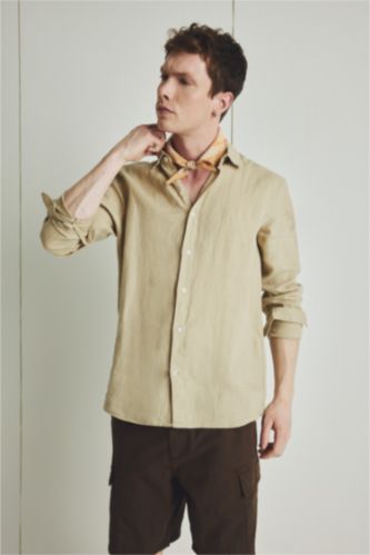 Man Beige 100% Linen Regular Fit Polo Collar Shirt