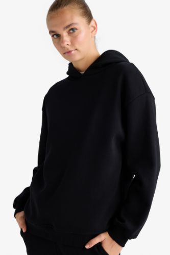 Relax Fit Kapüşonlu Basic Düz Kalın Sweatshirt