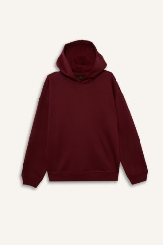 Relax Fit Kapüşonlu Basic Düz Kalın Sweatshirt