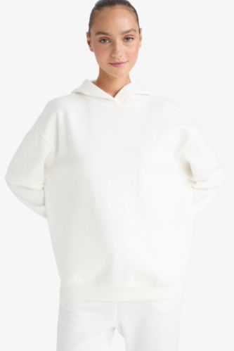Relax Fit Kapüşonlu Basic Düz Kalın Sweatshirt