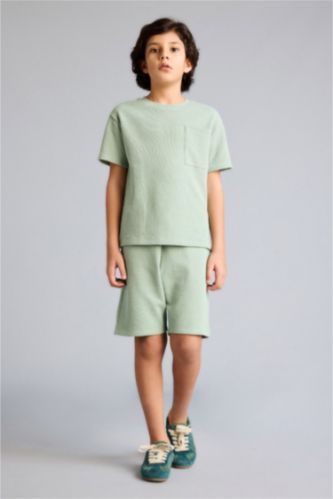 Erkek Çocuk - Genç Erkek Açık Haki Tişört Şort Waffle 2'li Pijama Takımı Erkek Çocuk