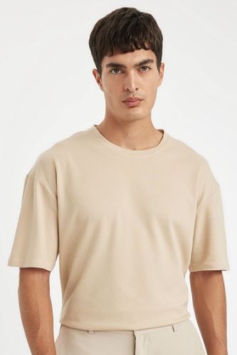 %100 Pamuk Boxy Fit Bisiklet Yaka Waffle Kumaş Kısa Kollu Basic Düz Tişört