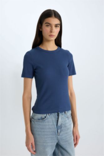Woman Indigo Slim Fit Crew Neck Basic Casual Corduroy T-shirt
