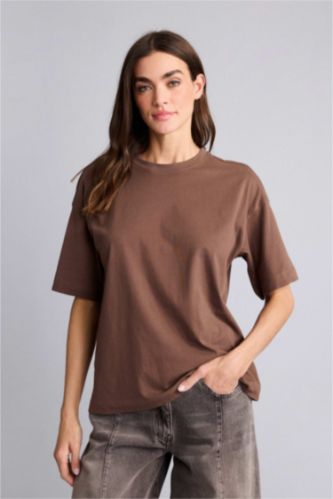 Kadın Kahve Kısa kollu Penye Kumaş Tişört