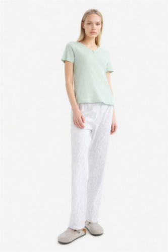 Kadın Mint Regular Fit Pijama Takımı Kısa Kollu Üst Desenli Uzun Alt