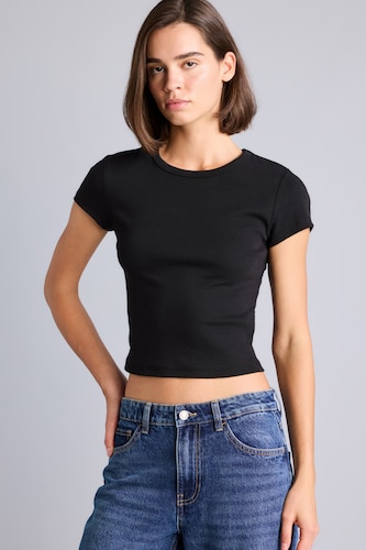 Kadın Siyah Fitted Bisiklet Yaka Ribana Basic Tişört