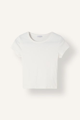 Fitted Fit White Basic Ribbed Crew Neck Short Sleeve T-Shirt